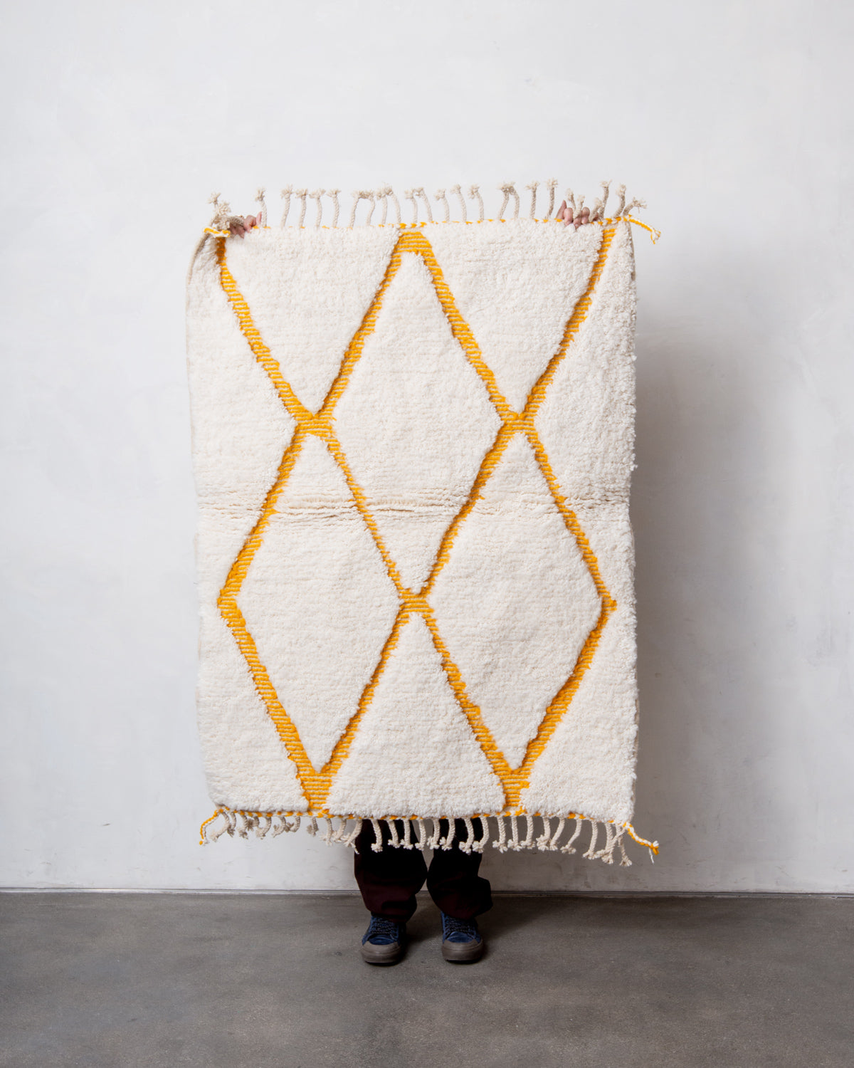 Modern, designer, handcrafted Berber rug from Morocco. Beniourain carpet with beautiful colours and patterns and fluffy wool texture.